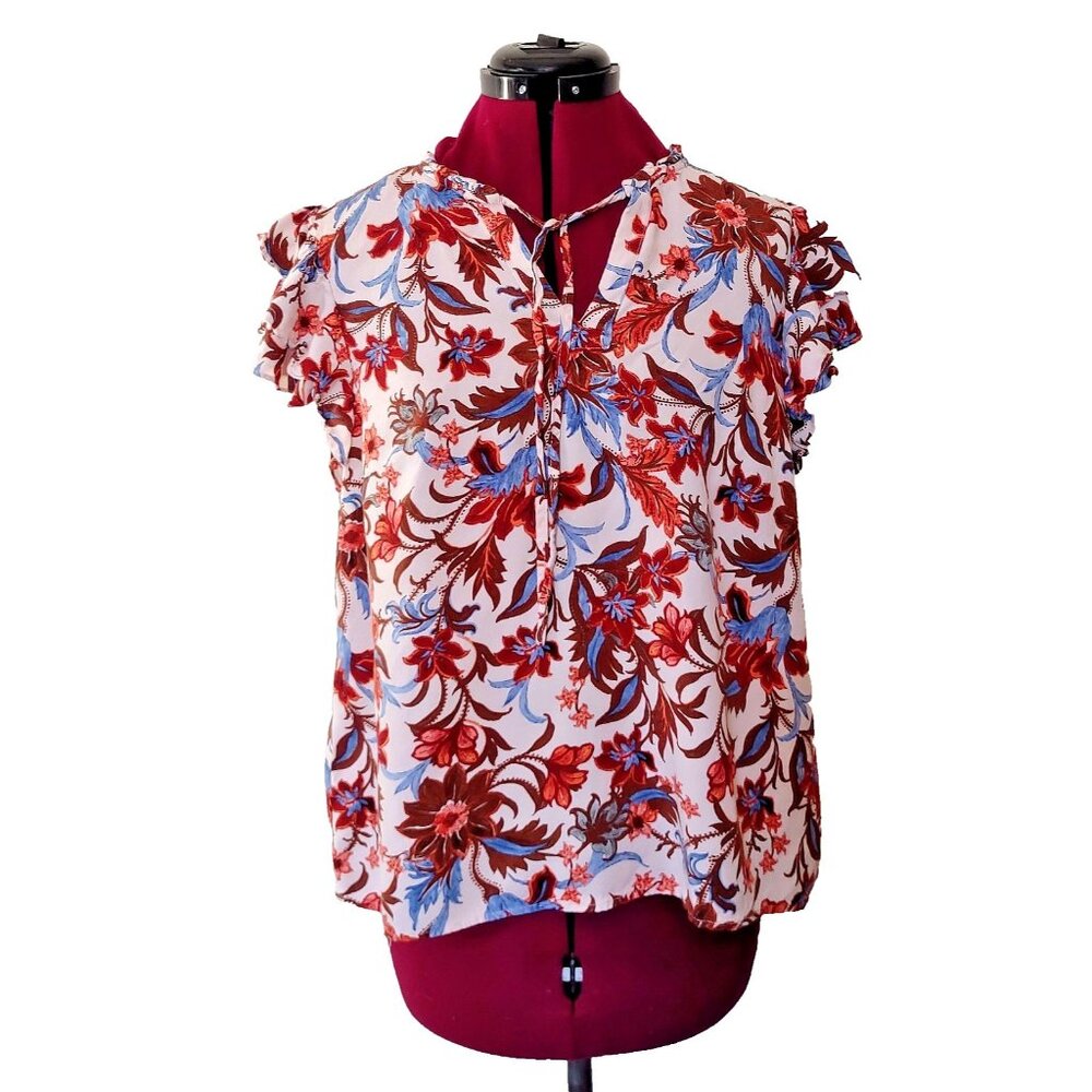 1.STATE Women's XL Blouse Floral Print Multicolor Flutter Sleeve Tie Neck